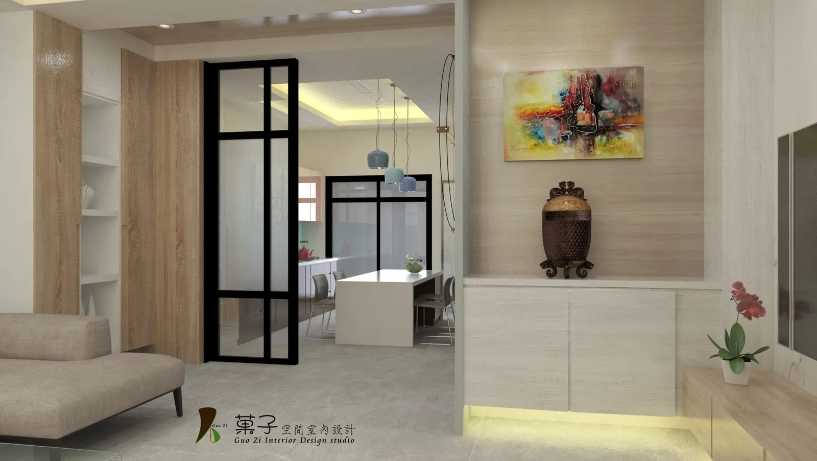 北歐風小豪宅－一樓客餐廳 3D 示意｜菓子空間室內設計住宅設計作品