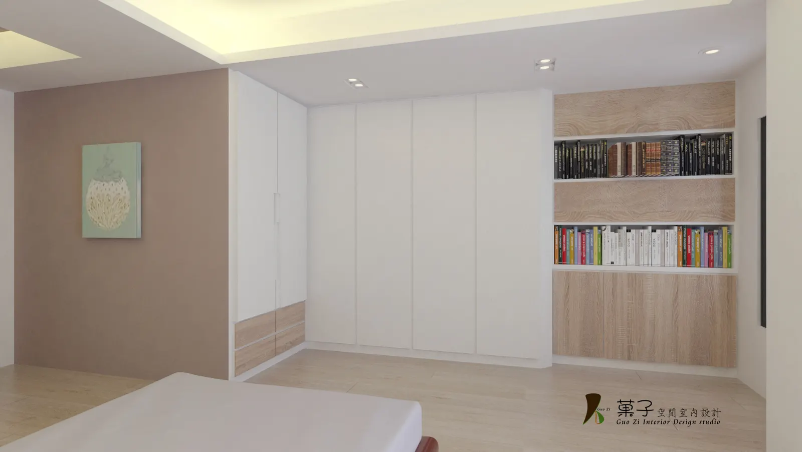 北歐風小豪宅－二樓臥室衣櫃書牆 3D 示意｜菓子空間室內設計住宅設計作品